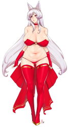 Rule 34 | 1girl, animal ears, bikini, boots, breasts, choker, collarbone, elbow gloves, fingerless gloves, fox ears, full body, gloves, highres, huge breasts, long hair, looking to the side, navel, original, red bikini, red eyes, red thighhighs, silver hair, simple background, skindentation, solo, standing, swimsuit, thigh boots, thighhighs, white background, zcune