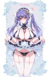 Rule 34 | 1girl, black panties, blush, breasts, cleavage, closed mouth, clothes lift, commentary, double bun, dress, dress lift, garter straps, hair bun, hair ornament, heart, heterochromia, highres, large breasts, long hair, merumeko, navel, original, panties, purple hair, red eyes, side-tie panties, sideboob, sidelocks, solo, sweat, symbol-only commentary, thighhighs, thighs, twintails, underboob, underwear, white garter straps, white thighhighs, yellow eyes