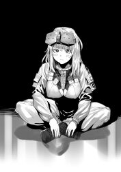 Rule 34 | 1girl, bad id, bad pixiv id, blush, breasts, character request, cleavage, cleavage cutout, clothing cutout, copyright request, crossed legs, head-mounted display, highres, ihobus, long hair, long sleeves, looking at viewer, monochrome, on ground, simple background, sitting, solo