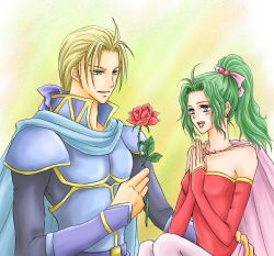 Rule 34 | 1990s (style), 1boy, 1girl, blue eyes, blush, bow, cape, earrings, edgar roni figaro, elbow gloves, final fantasy, final fantasy vi, flower, gloves, green hair, happy, jewelry, long hair, own hands together, pantyhose, pink bow, ponytail, red flower, red rose, retro artstyle, rose, smile, tina branford, zacloud
