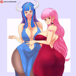 Rule 34 | 2girls, ass, ass shake, bare shoulders, blush, breasts, cleavage, curvy, devil fruit, dress, highres, horns, horo horo no mi, huge ass, large breasts, looking back, mask, mouth mask, multicolored hair, multiple girls, musaed art, one piece, orange hair, perona, pink hair, red dress, shoulder tattoo, standing, sweat, tattoo, twerking, twintails, two-tone hair, ulti (one piece), wide hips