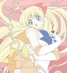 Rule 34 | 1girl, aino minako, back bow, bishoujo senshi sailor moon, blonde hair, blue bow, blue bowtie, blue eyes, bow, bowtie, chain, circlet, commentary, dated, earrings, elbow gloves, gloves, hair bow, jewelry, long hair, looking to the side, magical girl, morishima noriko (noriko mrsm), open mouth, orange sailor collar, orange skirt, pleated skirt, red background, red bow, sailor collar, sailor senshi, sailor senshi uniform, sailor venus, signature, skirt, solo, symbol-only commentary, white gloves, yellow bow