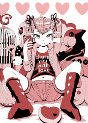 Rule 34 | 1girl, absurdres, ahoge, arm behind head, bed sheet, birdcage, cage, cellphone, closed mouth, clothes writing, collarbone, commentary request, curled horns, demon girl, demon horns, demon tail, drawstring, fangs, fangs out, fingernails, hair between eyes, hair ribbon, hand up, heart, highres, holding, holding phone, hood, hood down, hooded jacket, horns, jacket, kneehighs, licking lips, long sleeves, looking at viewer, monochrome, navel, no shoes, open clothes, open jacket, original, phone, pointy ears, ribbon, sanpeita, sepia, shirt, short shorts, shorts, sitting, smile, socks, soles, solo, spread legs, stuffed animal, stuffed bird, stuffed octopus, stuffed toy, tail, teddy bear, tongue, tongue out, twintails, white background