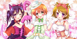 10s 3girls :d ahoge animal_ears animal_hands bad_id bad_pixiv_id black_hair bow brown_eyes brown_hair cape cat_ears cat_paws cat_tail dancing_stars_on_me! fake_animal_ears gloves hair_bow hair_ornament hair_ribbon hairband hat hoshizora_rin kemonomimi_mode koizumi_hanayo looking_at_viewer love_live! love_live!_school_idol_project multiple_girls open_mouth purple_eyes ribbon rika-tan_(rikatantan) short_hair smile star_(symbol) star_hair_ornament tail twintails white_gloves yazawa_nico