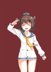 Rule 34 | 10s, 1girl, brown hair, closed eyes, commentary, cowboy shot, dress, higeno shinshi, highres, kantai collection, neckerchief, open mouth, red background, sailor dress, salute, short hair, smile, solo, thighs, yellow neckerchief, yukikaze (kancolle)