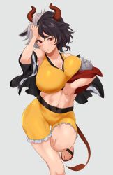 Rule 34 | 1girl, animal ears, black hair, breast press, breasts, cleavage, collarbone, cow ears, cow horns, cow tail, cowboy shot, frilled shorts, frills, grey background, hand on own head, highres, horns, large breasts, midriff, multicolored hair, navel, navel peek, red eyes, sandals, short hair, shorts, simple background, solo, split-color hair, tail, touhou, toujou (toujou ramen), two-tone hair, ushizaki urumi, white hair, yellow shorts