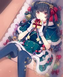 Rule 34 | 1girl, bad id, bad pixiv id, bell, black hair, black thighhighs, box, brown eyes, dress, earrings, fur-trimmed dress, fur trim, gift, green dress, hair ornament, headband, highres, holding, holding gift, idolmaster, idolmaster shiny colors, in box, in container, jewelry, long hair, lying, mayuzumi fuyuko, migolu, on back, red ribbon, ribbon, solo, thighhighs, two side up