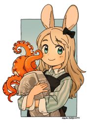 Rule 34 | 1girl, akai sashimi, animal ears, apron, artist name, black apron, black bow, blue background, blue eyes, border, bow, closed mouth, collared shirt, framed, hair ornament, highres, holding, light brown hair, long hair, long sleeves, looking at viewer, muted color, newspaper, octopus, original, outside border, rabbit ears, shirt, signature, simple background, sleeve cuffs, smile, solo, striped clothes, striped shirt, tareme, tentacles, upper body, vertical-striped clothes, vertical-striped shirt, white border