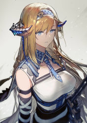 Rule 34 | 1girl, arknights, belt, blonde hair, blue eyes, breasts, dragon girl, dragon horns, headband, highres, holding, holding sword, holding weapon, horns, long hair, looking at viewer, necktie, open mouth, pointy ears, saileach (arknights), shirt, sleeveless, sleeveless shirt, smile, solo, sword, upper body, weapon, xiayehongming