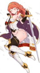 Rule 34 | 1girl, ^ ^, arm guards, armor, armored boots, blush, boots, breastplate, breasts, cape, celica (fire emblem), closed eyes, commentary request, dress, earrings, embarrassed, fingerless gloves, fire emblem, fire emblem echoes: shadows of valentia, gloves, highres, jewelry, medium breasts, navel, nintendo, panties, red armor, red hair, sideboob, simple background, solo, sword, thighhighs, tiara, torn clothes, torn dress, underwear, weapon, white armor, white background, white panties, yuuri (orz commushows)