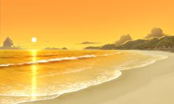 Rule 34 | beach, cloud, commentary request, island, mountain, no humans, ocean, orange sky, original, outdoors, scenery, sky, sun, sunset, user peo4941, water, waves