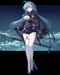 Rule 34 | 1girl, absurdres, ahoge, aqua hair, black coat, black gloves, black shorts, closed mouth, coat, coat on shoulders, floating hair, frown, full body, gloves, hair between eyes, hair intakes, hand on hilt, hand on own hip, high-waist shorts, highres, hip vent, long hair, looking at viewer, original, sheath, sheathed, shichigatsu, short shorts, shorts, solo, standing, sword, thigh gap, thigh strap, thighhighs, very long hair, weapon, white thighhighs, yellow eyes