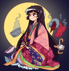Rule 34 | 1girl, absurdres, black hair, blunt bangs, blush, branch, eyelashes, floral print, full body, full moon, highres, houraisan kaguya, japanese clothes, jeweled branch of hourai, kimono, layered clothes, layered kimono, long hair, long sleeves, moon, obi, pink kimono, raburine, red eyes, sash, sitting, solo, touhou, very long hair, wide sleeves