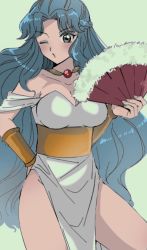 Rule 34 | 1girl, an (tmso ntm), bare shoulders, blue hair, blush, breasts, cleavage, collarbone, dress, grey eyes, hand on own hip, large breasts, long hair, looking at viewer, off-shoulder dress, off shoulder, one eye closed, puyopuyo, rulue (puyopuyo), solo, white dress