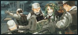 Rule 34 | 10s, 1girl, 4boys, asterisk kome, border, brown hair, commentary request, crescent, crescent hair ornament, faceless, faceless male, gloves, goggles, goggles on head, green hair, hair ornament, hat, kantai collection, long hair, machinery, multiple boys, nagatsuki (kancolle), twitter username, v