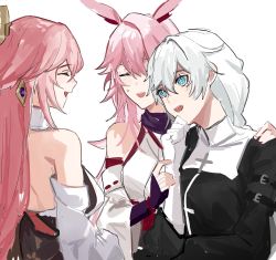 Rule 34 | + +, 3girls, 3o c, :d, animal ears, bare shoulders, blue eyes, braid, braided ponytail, closed mouth, company connection, crossover, earrings, fox ears, genshin impact, gloves, hand on own chin, highres, honkai (series), honkai impact 3rd, japanese clothes, jewelry, kallen kaslana, long hair, long sleeves, looking at another, mihoyo, miko, multiple girls, nun, open mouth, pink hair, simple background, smile, trait connection, white background, white gloves, white hair, white sleeves, yae miko, yae sakura, yae sakura (gyakushinn miko)