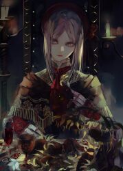 Rule 34 | 1girl, 1other, blood, blood stain, bloodborne, bonnet, bug, candle, centipede, chair, chalice, cup, doll, doll joints, eating, flower, fork, gem, glass, headdress, highres, hunter (bloodborne), joints, licking lips, md5 mismatch, petals, plain doll, resolution mismatch, source larger, syokuuuuuuuuumura, tongue, tongue out, vase, white eyes, white hair