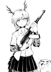 Rule 34 | 1girl, antlers, apron, blush stickers, closed mouth, commentary request, dragon girl, dragon horns, dragon tail, fang, formicid, greyscale, gun, highres, holding, holding gun, holding weapon, horns, kicchou yachie, korean commentary, looking at viewer, monochrome, otter, otter spirit (touhou), pointy ears, rifle, shirt, short hair, short sleeves, simple background, skirt, slit pupils, smile, tail, tattoo, touhou, turtle shell, watch, weapon, white background