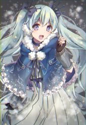 Rule 34 | 1girl, :d, bad id, bad pixiv id, black bow, black gloves, black ribbon, blue eyes, blue hair, bow, capelet, dress, fingerless gloves, floating hair, fuyu no yoru miku, gloves, grey dress, hair bow, hatsune miku, long hair, looking at viewer, open mouth, ribbon, smile, solo, striped clothes, striped dress, tadaomi (amomom), twintails, vertical-striped clothes, vertical-striped dress, very long hair, vocaloid