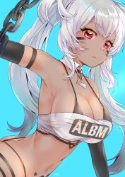 Rule 34 | 1girl, alabama (azur lane), arched back, arm strap, arm up, armpits, artist name, aye, azur lane, bandeau, bikini, bikini top only, bikini under clothes, black bikini, black gloves, black panties, blue background, bodypaint, breasts, chain, closed mouth, clothes writing, dark-skinned female, dark skin, detached collar, elbow gloves, expressionless, eyelashes, facepaint, gloves, hair between eyes, highleg, highleg panties, highres, jewelry, large breasts, long hair, looking at viewer, native american, navel, necklace, panties, red eyes, silver hair, simple background, solo, strap gap, strapless, string bikini, swimsuit, thong, thong bikini, tube top, twisted torso, underwear, wing collar