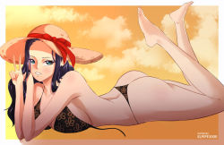 bikini black_bikini breasts flower_bikini hat large_breasts long_hair looking_at_viewer lying nico_robin one_piece orange_sky sky sun_hat swimsuit thong_bikini very_long_hair