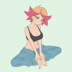 Rule 34 | 1girl, ahoge, amanda o&#039;neill, breasts, butterfly sitting, cleavage, full body, green eyes, little witch academia, no panties, orange hair, simple background, sitting, smile, sou (mgn)