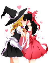 Rule 34 | 2girls, apron, bad id, bad pixiv id, bow, couple, detached sleeves, female focus, from side, hair bow, hakurei reimu, hat, heart, kirisame marisa, kiss, knbilove, multiple girls, no lineart, puffy short sleeves, puffy sleeves, short sleeves, simple background, skirt, skirt set, touhou, white background, wide sleeves, witch, witch hat, yuri