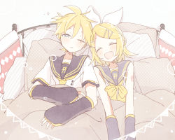 Rule 34 | 1boy, 1girl, arm warmers, bare shoulders, bed, black collar, blonde hair, blue eyes, bow, closed eyes, collar, commentary, fortissimo, grey collar, hair bow, hair ornament, hairclip, half-closed eye, headphones, kagamine len, kagamine len (append), kagamine rin, kagamine rin (append), light blush, looking at viewer, lying, neckerchief, necktie, on back, one eye closed, open mouth, pillow, sailor collar, school uniform, shirt, short hair, short ponytail, short sleeves, shoulder tattoo, sleeveless, sleeveless shirt, smile, spiked hair, string of flags, suzumi (fallxalice), swept bangs, tattoo, under covers, upper body, vocaloid, vocaloid append, white bow, white shirt, yellow neckerchief