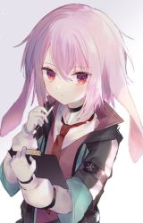 Rule 34 | 1boy, animal ears, ansel (arknights), arknights, bad id, bad pixiv id, black choker, black jacket, brown vest, choker, clipboard, floppy ears, gloves, hair between eyes, holding, holding pencil, jacket, layered sleeves, long sleeves, male focus, necktie, open clothes, open jacket, pencil, pink hair, puffy long sleeves, puffy sleeves, rabbit ears, red eyes, red necktie, shirt, short over long sleeves, short sleeves, solo, toufu mentaru zabuton, upper body, vest, white gloves, white shirt