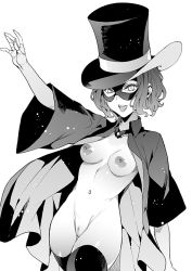 Rule 34 | breasts, cleft of venus, cloak, elbow gloves, gloves, hasegawa akane (persona 5 scramble), hat, looking at viewer, mask, monochrome, persona, persona 5, persona 5 scramble: the phantom strikers, pubic hair, pussy, shadow akane, thighhighs, top hat