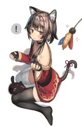 Rule 34 | !, 1girl, animal ears, asymmetrical legwear, bandaged leg, bandages, bare shoulders, belt, black gloves, black thighhighs, blush, brown hair, cat ears, cat girl, cat tail, cat teaser, chomusuke, collar, collared shirt, creature, dress, fingerless gloves, from side, gloves, highres, kono subarashii sekai ni shukufuku wo!, long sleeves, looking at viewer, looking to the side, megumin, mismatched legwear, off-shoulder dress, off shoulder, paw pose, ranf, red dress, red eyes, red ribbon, ribbon, shirt, short hair with long locks, sidelocks, simple background, single thighhigh, sitting, speech bubble, spoken exclamation mark, sweat, tail, tail ornament, tail ribbon, thighhighs, v-shaped eyebrows, wariza, white background, white thighhighs, zettai ryouiki