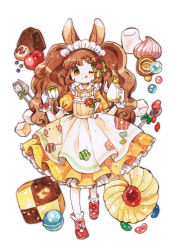 Rule 34 | 1girl, :p, ;q, animal ears, apron, braid, braided bangs, brown eyes, brown hair, candy, checkerboard cookie, chocolate, cookie, cup, dress, food, frills, full body, highres, long hair, looking at viewer, macaron, maid, maid apron, maid headdress, marshmallow, mokarooru, one eye closed, original, rabbit ears, red footwear, shoes, simple background, socks, solo, spoon, standing, sugar cube, sweets, teacup, teapot, thumbprint cookie, tongue, tongue out, twintails, very long hair, white background
