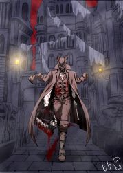 Rule 34 | 1boy, barrel, blood, blood on clothes, blood trail, bloodborne, bloody weapon, boots, brown footwear, brown headwear, brown pants, brown vest, candle, city, cityscape, clothesline, full body, goth fashion, gun, handgun, hat, hidden face, highres, holding, holding weapon, horror (theme), hunter (bloodborne), jacket, jacket on shoulders, lantern, long coat, male focus, mochimochi1082, pants, pistol, red sky, saw, saw cleaver, signature, sky, statue, trail, vest, walking, weapon, yharnam