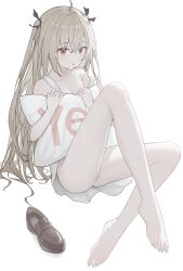 Rule 34 | 1girl, absurdres, atri, atri-my dear moments-, barefoot, blonde hair, fangfangtu, feet, highres, loafers, long hair, looking at viewer, panties, pantyshot, parted lips, red eyes, shoes, single shoe, toes, twintails, underwear, unworn shoes