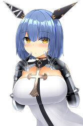 Rule 34 | 1girl, alternate breast size, azur lane, blue hair, breasts, cross, cross necklace, dress, gascogne (azur lane), gauntlets, headgear, highres, jewelry, large breasts, looking at viewer, necklace, short hair, simple background, solo, us2s, white background, white dress