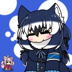 Rule 34 | animal ears, blue hair, dire wolf (kemono friends), kemono friends, kemono friends v project, long hair, ribbon, simple background, twintails, virtual youtuber, wolf ears, wolf girl