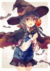 Rule 34 | 1girl, bat (animal), black cape, black hair, black hat, black skirt, blue vest, bow, braid, cape, collared shirt, commentary request, cowboy shot, food-themed hair ornament, gradient background, grey background, grey bow, hair between eyes, hair bow, hair ornament, halloween, hat, highres, holding, long hair, long sleeves, looking at viewer, miniskirt, nanahamu, open mouth, original, pumpkin hair ornament, scared, shiny skin, shirt, skirt, solo, twin braids, very long hair, vest, wavy mouth, white shirt, witch, witch hat