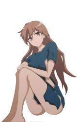 Rule 34 | 1girl, 2022, :&lt;, absurdres, ass, bare legs, barefoot, breasts, brown eyes, brown hair, clone, collarbone, dress, enzeru, feet out of frame, female focus, gown, highres, hospital gown, incredibly absurdres, knees up, long hair, looking at viewer, matching hair/eyes, misaka imouto, misaka imouto 9982, no bra, no panties, sideboob, simple background, sitting, small breasts, solo, thighs, toaru kagaku no railgun, toaru majutsu no index, white background