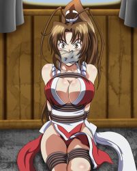 Rule 34 | 1girl, bdsm, bondage, bound, breasts, brown eyes, brown hair, cleavage, japanese clothes, large breasts, long hair, merinthos, rope, shiranui mai, snk, solo, the king of fighters
