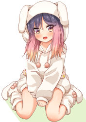 Rule 34 | 1girl, animal costume, boots, breasts, comiching, commentary request, gradient hair, highres, hood, hoodie, kantai collection, long hair, long sleeves, looking at viewer, multicolored hair, open mouth, pants, purple eyes, purple hair, rabbit costume, shadow, simple background, sitting, solo, tsushima (kancolle), wariza, white background, white footwear, white hoodie, white pants