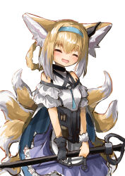 Rule 34 | 1girl, absurdres, animal ears, arknights, bare shoulders, black gloves, blue hairband, blush, braid, closed eyes, commentary, cowboy shot, dress, earpiece, facing viewer, fox ears, fox girl, fox tail, gloves, hair between eyes, hairband, highres, holding, holding staff, kitsune, kyuubi, multiple tails, open mouth, purple dress, re iria0613, short hair, simple background, single glove, single wrist cuff, solo, staff, suzuran (arknights), tail, white background, wrist cuffs