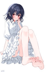 Rule 34 | :o, arm support, barefoot, black hair, blush, braid, center frills, collared dress, dress, eluthel, feet, flower, frilled dress, frills, full body, hair flower, hair ornament, highres, idolmaster, idolmaster shiny colors, knees up, legs, looking at viewer, morino rinze, panties, red eyes, short hair, simple background, sitting, soles, toenails, toes, twitter username, underwear, white background, white dress, white panties