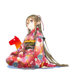 Rule 34 | 10s, 1girl, blush, brown hair, elf, furisode, hair ribbon, japanese clothes, kimono, long hair, myucel foalan, new year, outbreak company, pointy ears, purple eyes, ribbon, simple background, sitting, smile, solo, twintails, very long hair, white background, yuugen