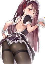 Rule 34 | 1girl, alternate costume, apron, ass, back, backless dress, backless outfit, bad id, bad twitter id, blush, breasts, brown pantyhose, clothes lift, commentary request, dress, dress lift, enmaided, from behind, girls&#039; frontline, hair ribbon, half updo, highres, holding, holding tray, large breasts, long hair, looking at viewer, looking back, maid, maid headdress, one side up, panties, panties under pantyhose, pantyhose, purple dress, purple hair, red eyes, ribbon, saya (mychristian2), simple background, solo, thighband pantyhose, tray, tsurime, underwear, v-shaped eyebrows, very long hair, wa2000 (girls&#039; frontline), white background, white panties, wrist cuffs