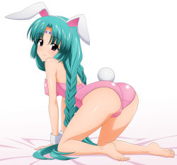 Rule 34 | 1990s (style), 1girl, all fours, ass, bare legs, barefoot, braid, playboy bunny, canal vorfeed, feet, green hair, highres, long hair, looking back, lost universe, purple eyes, solo, sugimura tomokazu, very long hair, wrist cuffs
