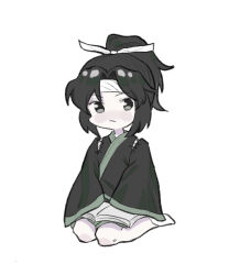 Rule 34 | 1other, androgynous, bare legs, black hair, black shirt, black sleeves, blush, book, bow, closed mouth, commentary, dated commentary, detached sleeves, eyelashes, frown, full body, green shorts, grey eyes, hair bow, hairband, high ponytail, jinbei (clothes), jinbei (len&#039;en), jishixingle1029, kneeling, len&#039;en, long hair, long sleeves, looking at viewer, open book, other focus, pale skin, parted bangs, shirt, shorts, simple background, sleeves past fingers, sleeves past wrists, socks, solo, white background, white bow, white hairband, white socks, wide sleeves