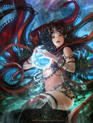 Rule 34 | 1girl, absurdres, armband, ass, bare shoulders, blue eyes, bra, bracelet, braid, breasts, cleavage, copyright name, crystal, dated, fingernails, gem, highres, jewelry, kisuny park, legend of the cryptids, lips, long hair, looking at viewer, magic, md5 mismatch, mole, mole under eye, navel, parted lips, red bra, red thighhighs, resolution mismatch, smoke, solo, source smaller, thighhighs, tiara, underwear