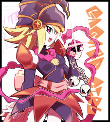 Rule 34 | 1girl, :d, artsy-rc, back bow, black border, blonde hair, border, bow, breasts, cowboy shot, detached sleeves, dress, duel monster, eyeliner, gagaga girl, hand up, hat, highres, holding, holding phone, long sleeves, looking at viewer, makeup, medium breasts, open mouth, phone, pink bow, pink eyes, purple dress, red skirt, short dress, sideways glance, sideways mouth, signature, skirt, skull, smile, solo, wizard hat, yu-gi-oh!, zoom layer