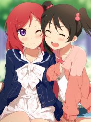 Rule 34 | 10s, 2girls, :d, ^ ^, arm hug, black hair, blush, casual, dress, closed eyes, floral print, hair bobbles, hair ornament, love live!, love live! school idol project, multiple girls, nishikino maki, ogipote, one eye closed, open mouth, print dress, purple eyes, short hair, short twintails, smile, sweater, twintails, yazawa nico