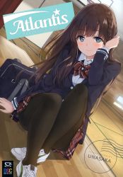 Rule 34 | 1girl, absurdres, arm support, artist name, bag, basketball court, black pantyhose, blazer, blue eyes, blush, bow, braid, brown hair, buttons, closed mouth, cover, duffel bag, hand up, highres, indoors, jacket, lips, long hair, long sleeves, looking at viewer, maki makishima (makimaki), original, pantyhose, scan, school bag, school uniform, shirt, shoes, side braid, simple background, sitting, skirt, smile, sneakers, solo, unasaka ryou, wooden floor